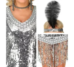 Costume Charleston in argento anni '20 con paillettes da donna