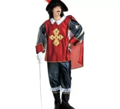 Costume classico da moschettiere rosso e blu con cappello per uomo