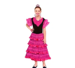 Costume classico da Sevillana fucsia con pois neri per bambina