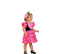 Costume classico da Sevillana fucsia con pois neri per bambina