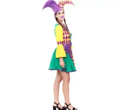 Costume da Arlecchino a scacchi viola e verde da donna