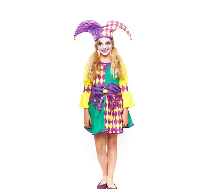 Costume da arlecchino scozzese viola e verde per bambina