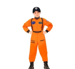 Costume da astronauta arancione con stemma per bambino
