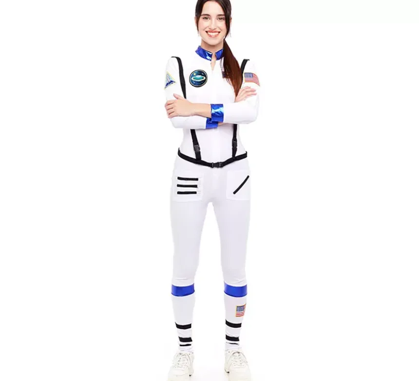 Costume da astronauta bianco con stemma per donna