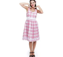 Costume da bambola a quadri rosa e bianco per donna