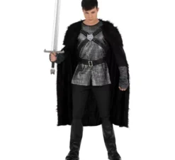 Costume da cavaliere medievale nero con mantello per uomo