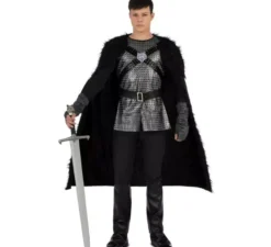 Costume da cavaliere medievale nero con mantello per uomo