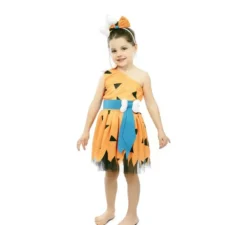 Costume da cavernicolo arancione con copricapo per bambina