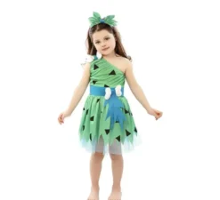 Costume da cavernicolo verde con copricapo per bambina