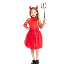 Costume da diavolo moderno rosso con fascia e coda per bambina