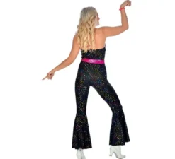Costume da discoteca nero anni '70 con cintura per donna