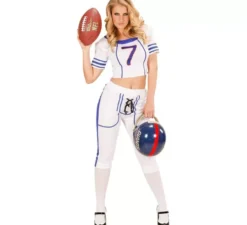Costume da giocatrice di football americano bianco e blu per donna