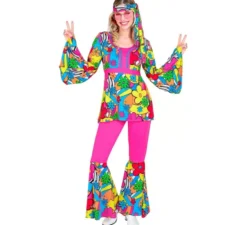 Costume da hippie anni '60 con fiori di cartone animato per donna