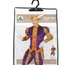 Costume da paggio viola e arancione con cappello per uomo