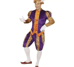 Costume da paggio viola e arancione con cappello per uomo