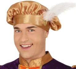 Costume da paggio viola e arancione con cappello per uomo