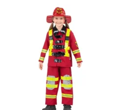 Costume da pompiere rosso e giallo con casco per bambino
