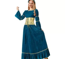 Costume da regina medievale blu e oro con copricapo per donna