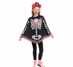Costume da scheletro di Catrina o poncho per bambine