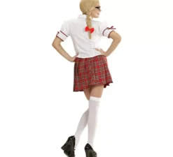 Costume da scolaretta bianco e rosso con cravatta per donna