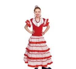 Costume da Sevillana bianco con bordo rosso per bambina
