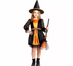 Costume da strega arancione con pizzo per bambine