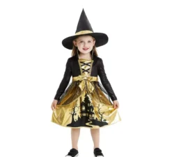 Costume da strega oro e nero con cappello per bambina e bambina
