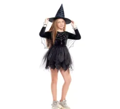 Costume da strega ragnatela nera con mantello per bambina