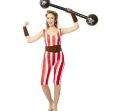 Costume da Strongwoman rosso e bianco con cintura per donna