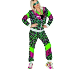 Costume da tuta con stampa animalier anni '80 verde neon per adulti
