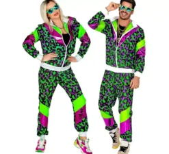 Costume da tuta con stampa animalier anni '80 verde neon per adulti