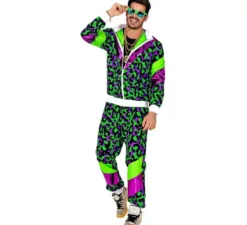 Costume da tuta con stampa animalier anni '80 verde neon per adulti