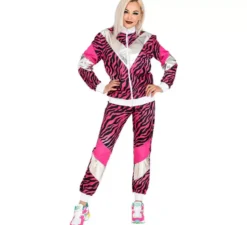 Costume da tuta da donna con stampa tigre rosa anni '80