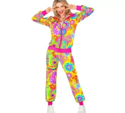 Costume da tuta da hippie fluorescente Groovy Love per adulto
