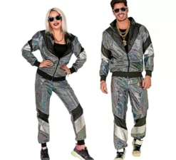 Costume da tuta riflettente argento anni '80 per adulto