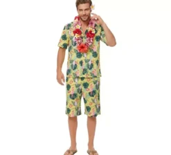 Costume hawaiano floreale stampato verde da uomo