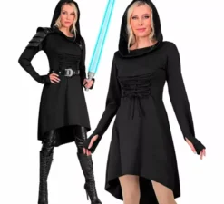 Costume o abito medievale nero con cappuccio per donna