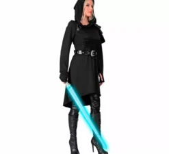 Costume o abito medievale nero con cappuccio per donna