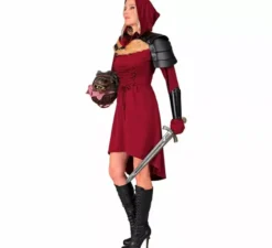 Costume o abito medievale rosso con cappuccio per donna