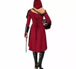 Costume o abito medievale rosso con cappuccio per donna