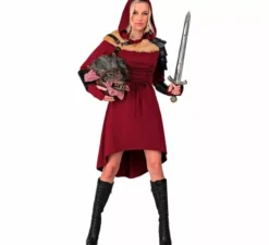 Costume o abito medievale rosso con cappuccio per donna