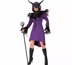 Costume o abito medievale viola con cappuccio per donna