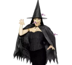 Costume o kit da strega: mantello, cappello e naso