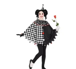 Costume o poncho da Arlecchino a scacchi bianchi e neri per bambina