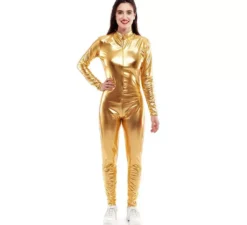 Costume o tuta con chiusura frontale color oro metallizzato per donna
