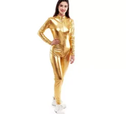 Costume o tuta con chiusura frontale color oro metallizzato per donna