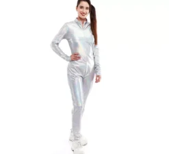 Costume o tuta metallica con chiusura frontale olografica per donna