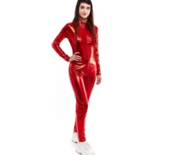 Costume o tuta metallica con chiusura frontale rossa per donna