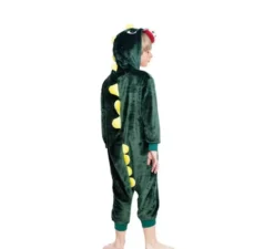 Costume pigiama da dinosauro verde e giallo con cappuccio per bambino
