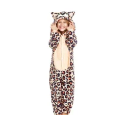 Costume pigiama leopardato marrone con cappuccio per ragazza